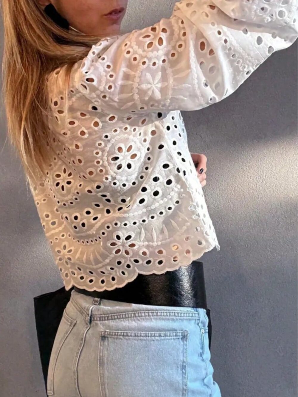 White Boho Women's Single-Breasted Embroidered Hollow Casual Vacation Shirt - Picture 7 of 8